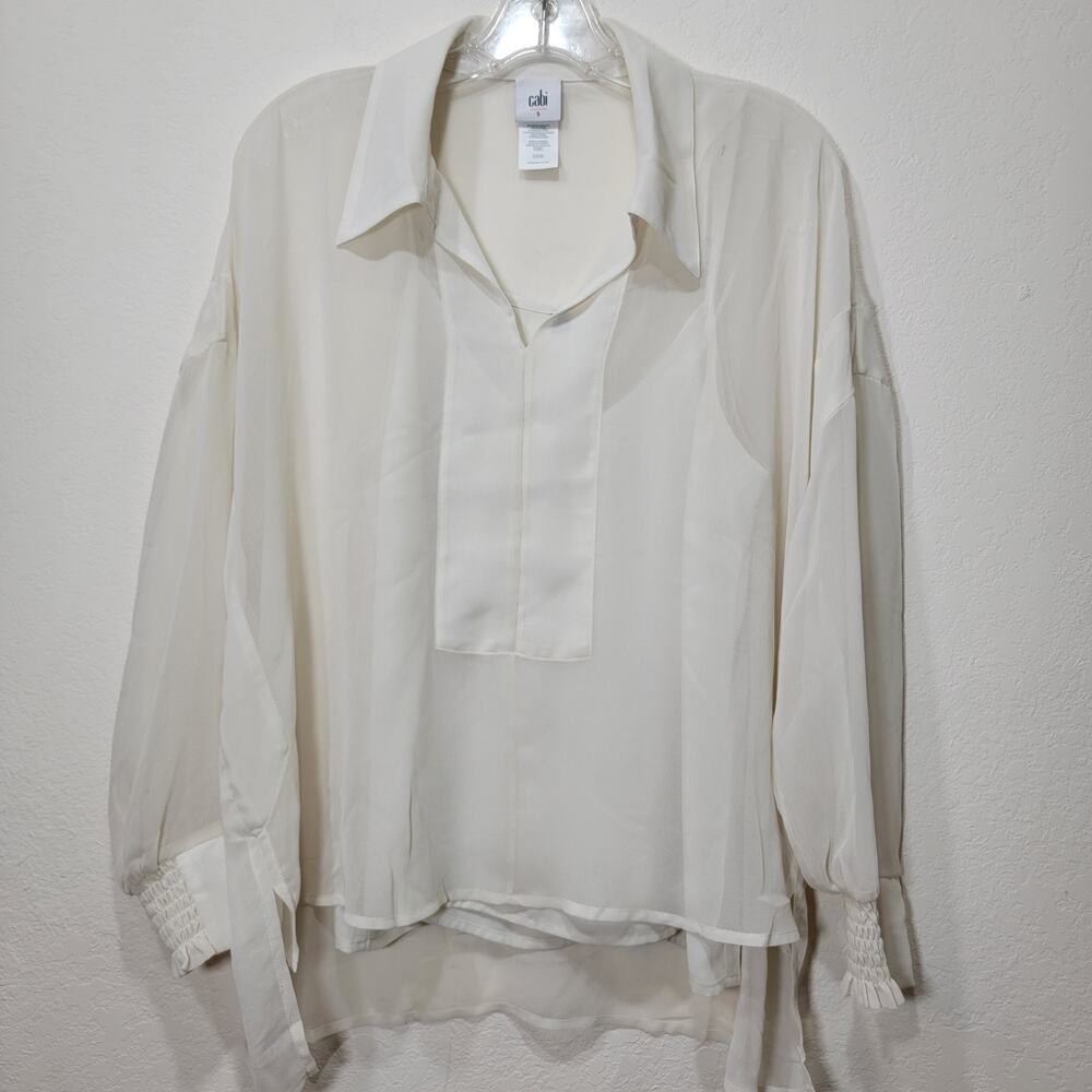 Cabi Abbey Sheer Top & Cami Set S Style 6291 Cream Long Smocked Wrists Small